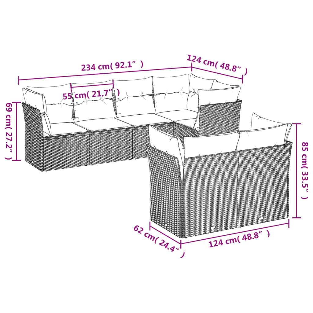 7-delige Loungeset met kussens poly rattan zwart