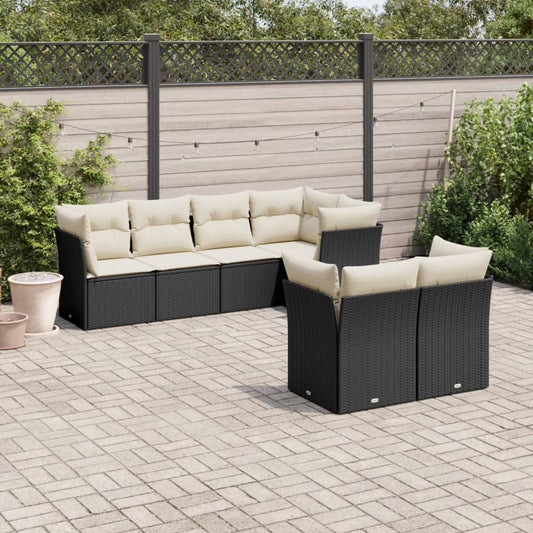 7-delige Loungeset met kussens poly rattan zwart