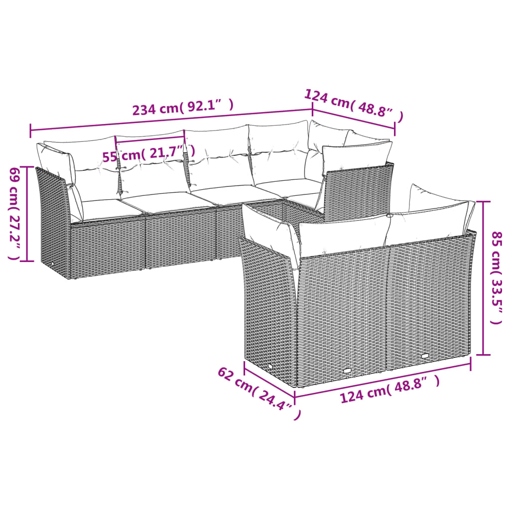 7-delige Loungeset met kussens poly rattan grijs