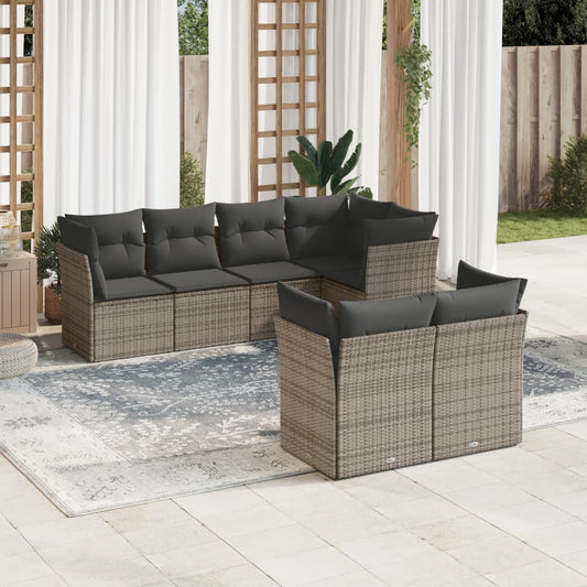 7-delige Loungeset met kussens poly rattan grijs