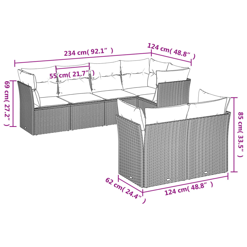 7-delige Loungeset met kussens poly rattan bruin