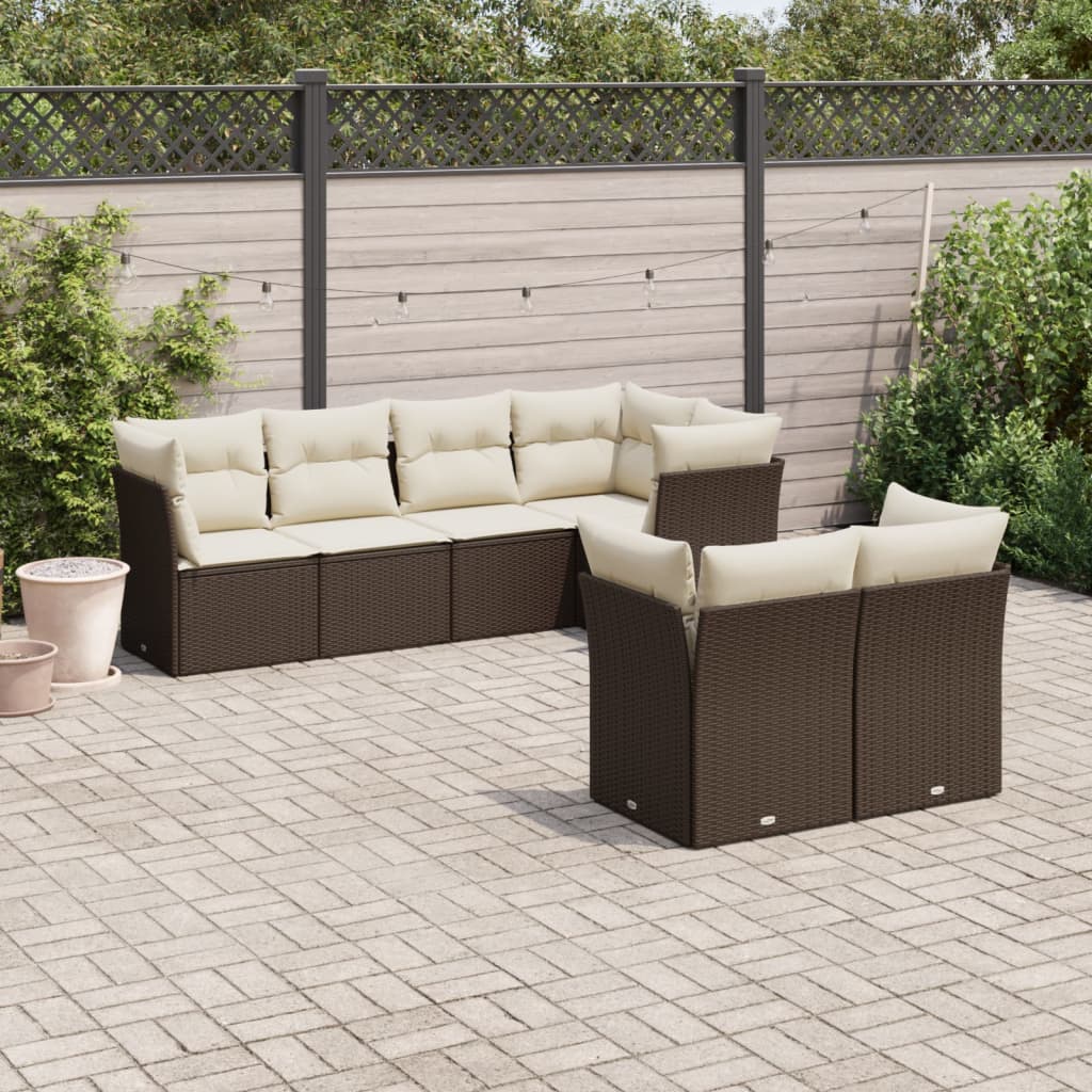 7-delige Loungeset met kussens poly rattan bruin