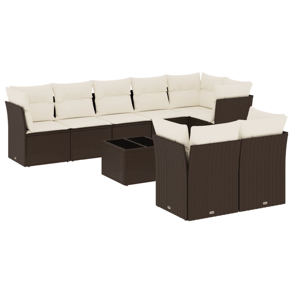 9-delige Loungeset met kussens poly rattan bruin