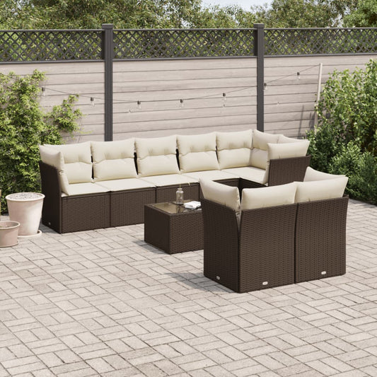 9-delige Loungeset met kussens poly rattan bruin