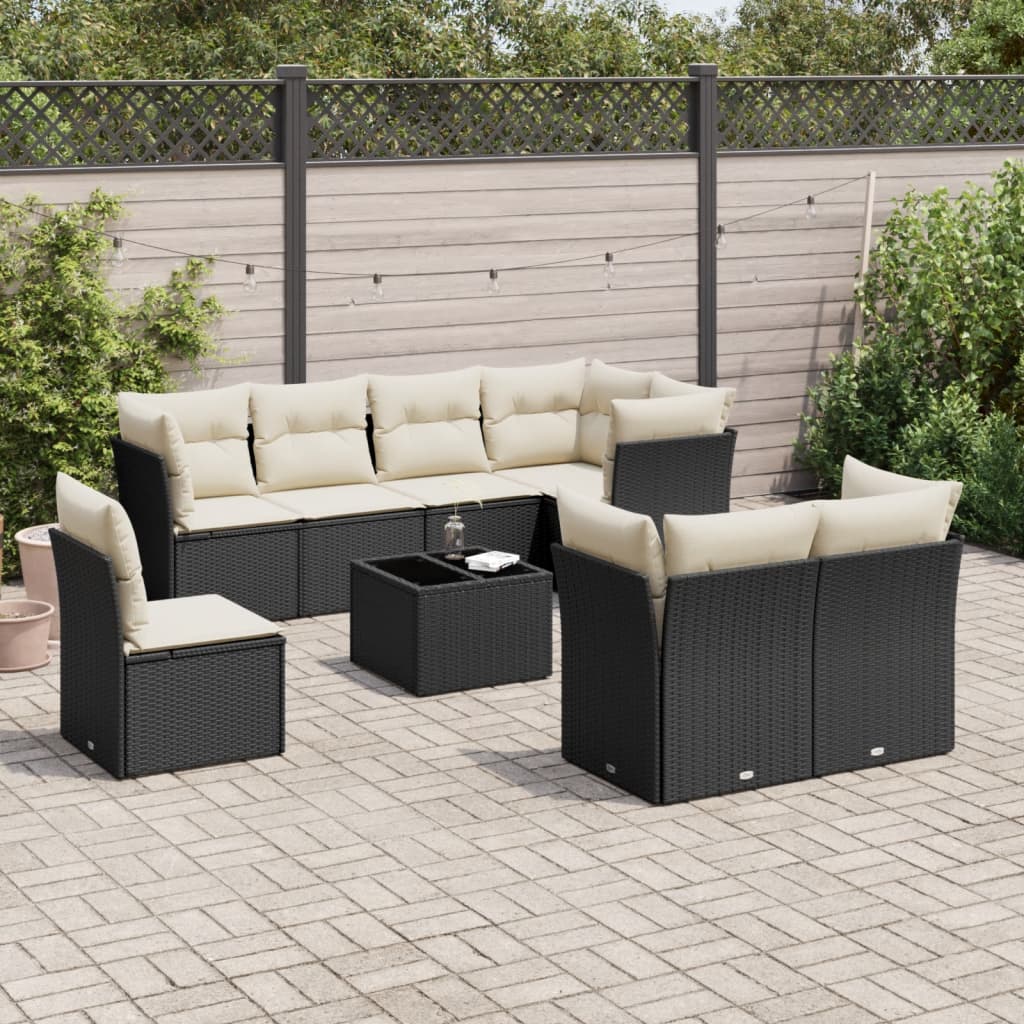 9-delige Loungeset met kussens poly rattan zwart