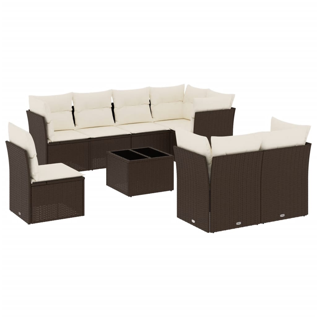 9-delige Loungeset met kussens poly rattan bruin