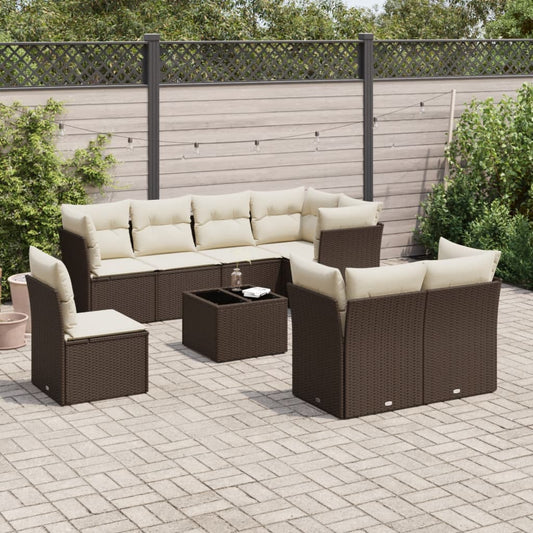 9-delige Loungeset met kussens poly rattan bruin