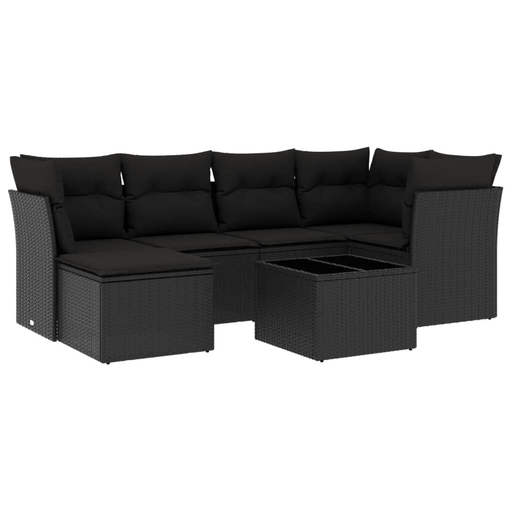 7-delige Loungeset met kussens poly rattan zwart