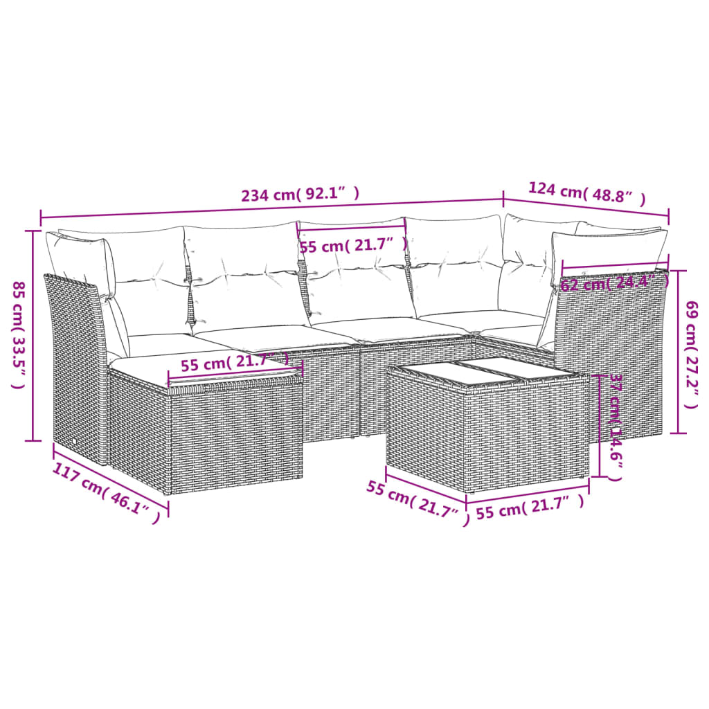 7-delige Loungeset met kussens poly rattan zwart