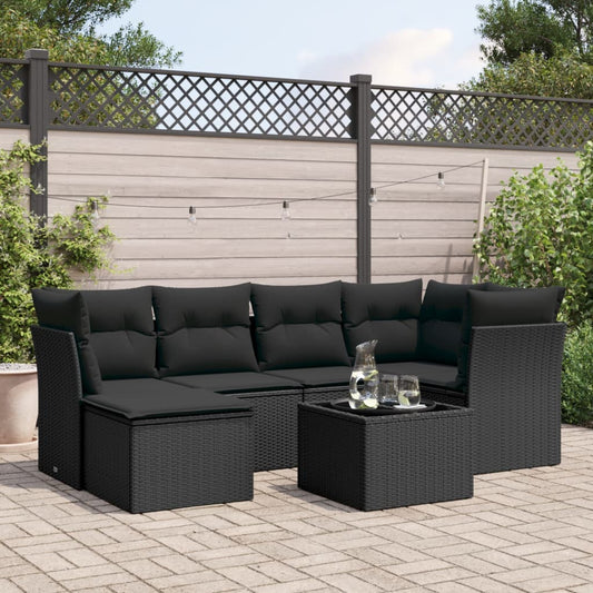 7-delige Loungeset met kussens poly rattan zwart