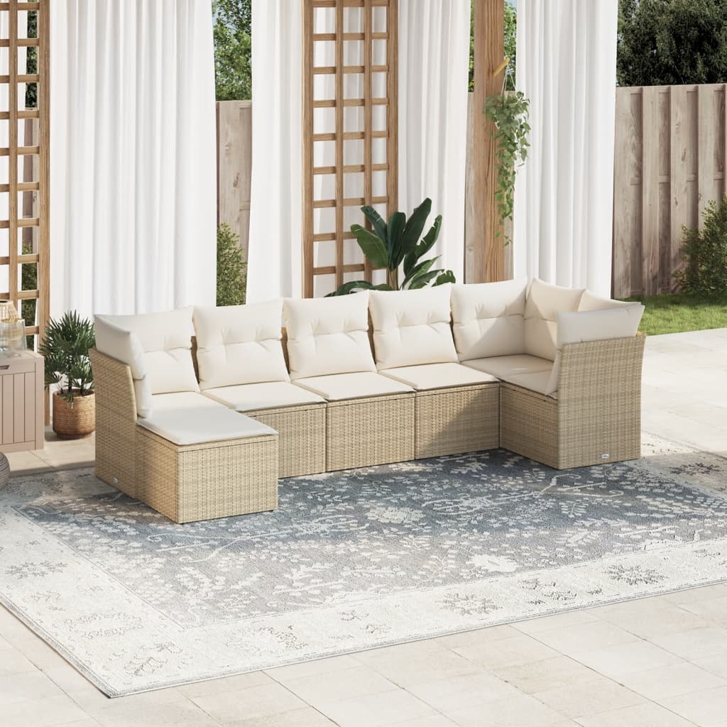 7-delige Loungeset met kussens poly rattan beige