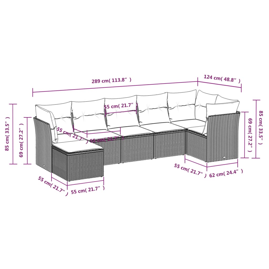 7-delige Loungeset met kussens poly rattan grijs