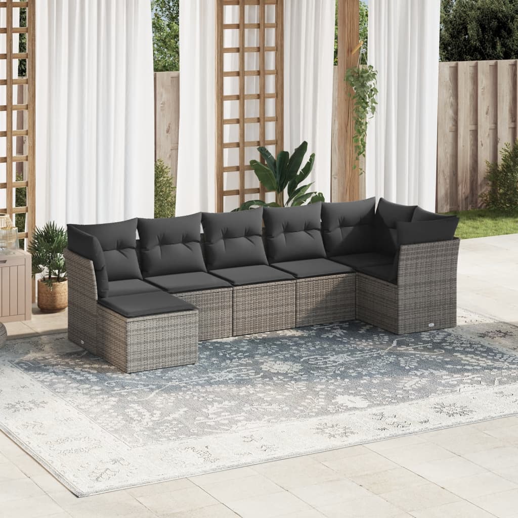 7-delige Loungeset met kussens poly rattan grijs