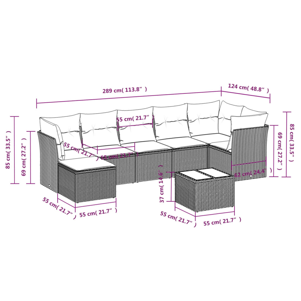 8-delige Loungeset met kussens poly rattan bruin