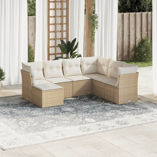 7-delige Loungeset met kussens poly rattan beige