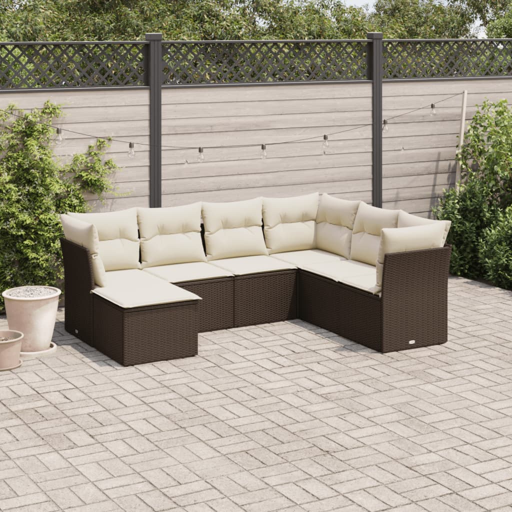 7-delige Loungeset met kussens poly rattan bruin