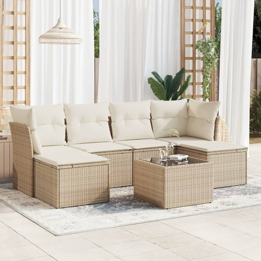 7-delige Loungeset met kussens poly rattan beige