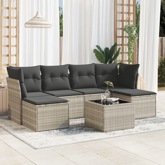 7-delige Loungeset met kussens poly rattan lichtgrijs