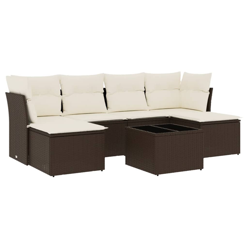 7-delige Loungeset met kussens poly rattan bruin