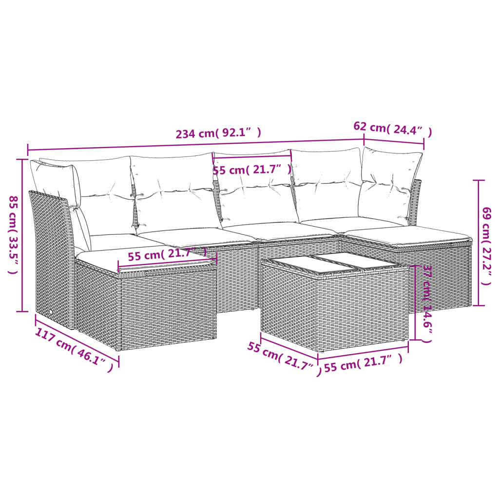 7-delige Loungeset met kussens poly rattan bruin