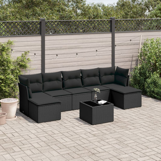 8-delige Loungeset met kussens poly rattan zwart