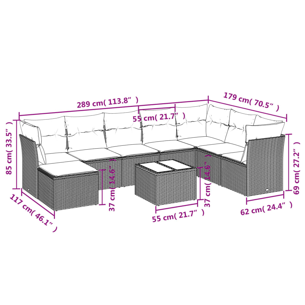 9-delige Loungeset met kussens poly rattan zwart