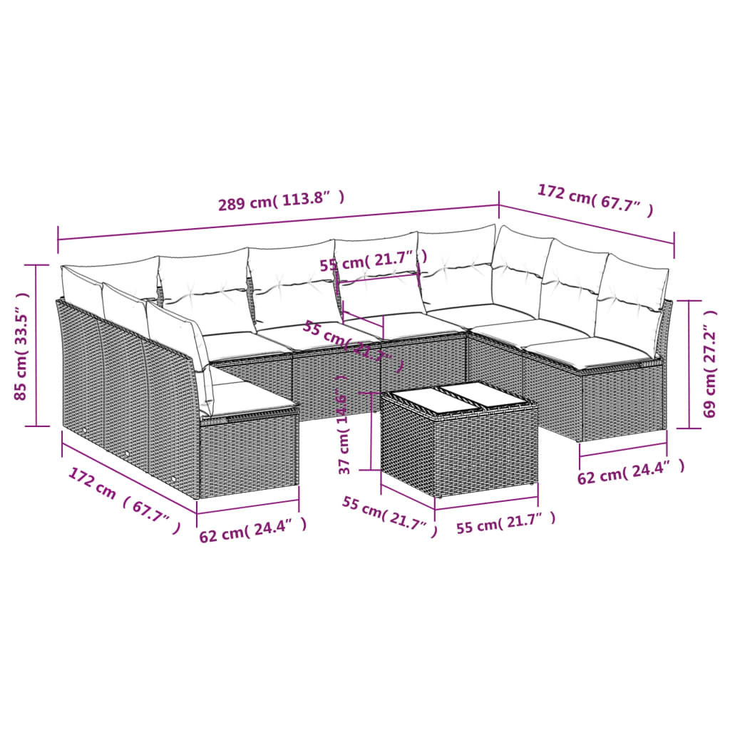 10-delige Loungeset met kussens poly rattan bruin