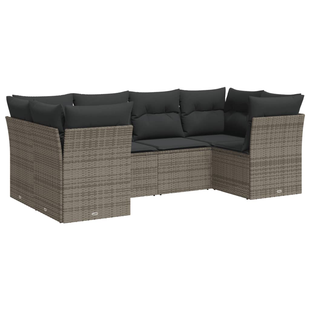 6-delige Loungeset met kussens poly rattan grijs