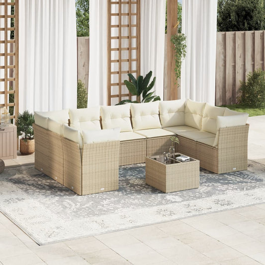 10-delige Loungeset met kussens poly rattan beige