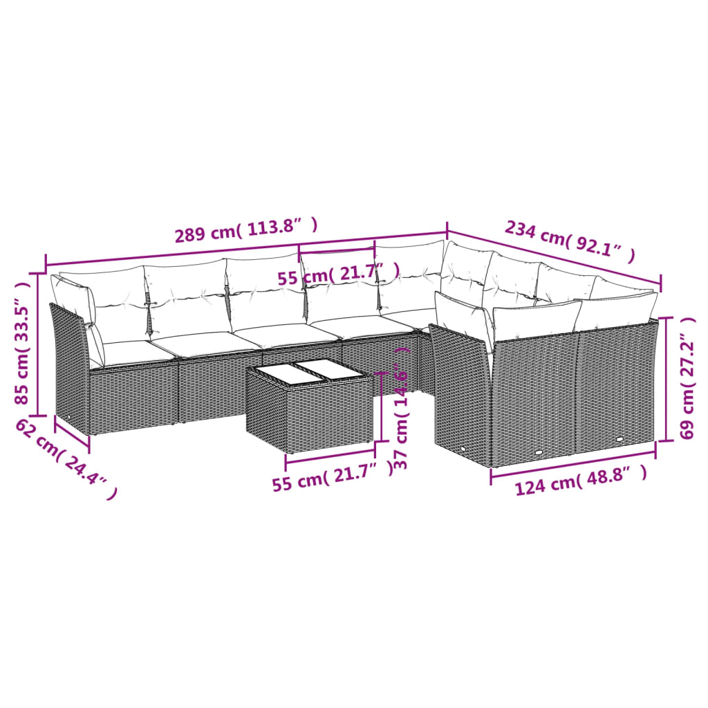 10-delige Loungeset met kussens poly rattan bruin