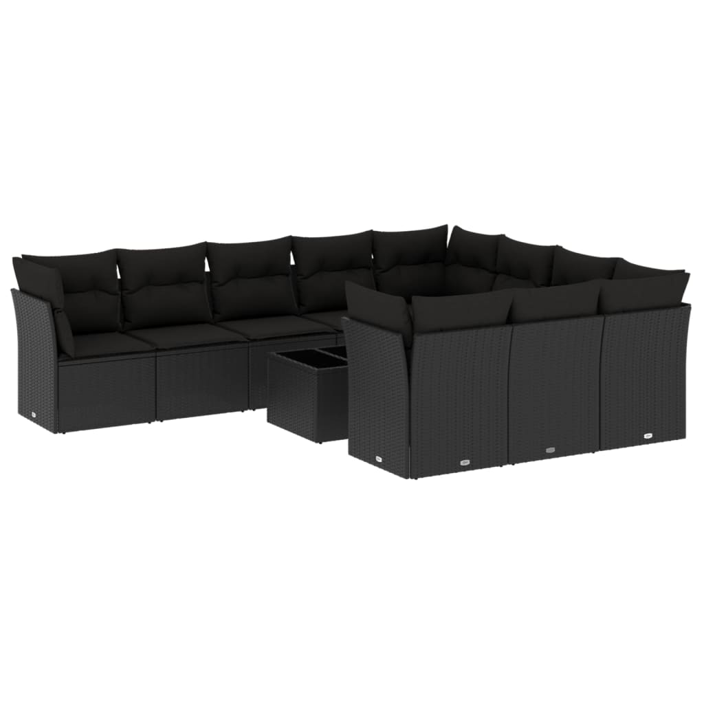 11-delige Loungeset met kussens poly rattan zwart