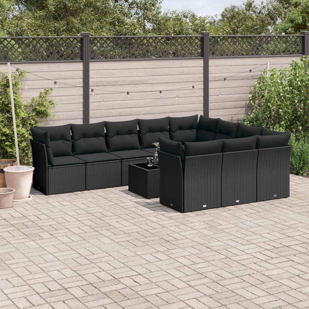 11-delige Loungeset met kussens poly rattan zwart