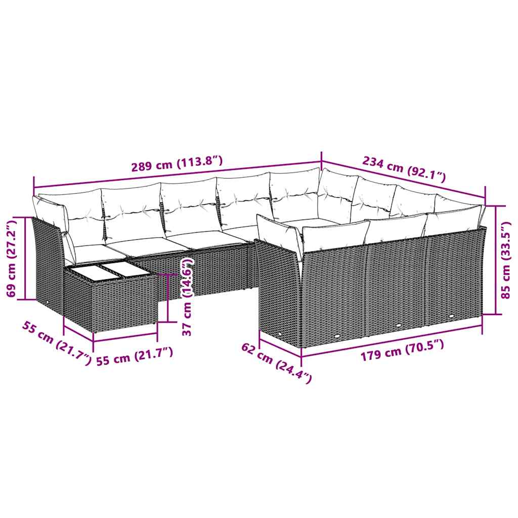 11-delige Loungeset met kussens poly rattan lichtgrijs