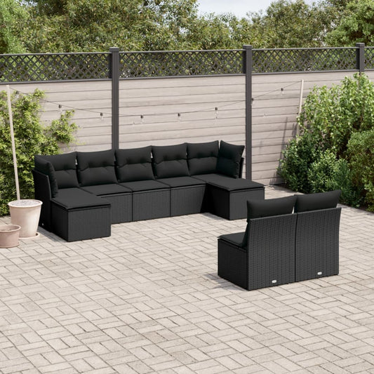 9-delige Loungeset met kussens poly rattan zwart