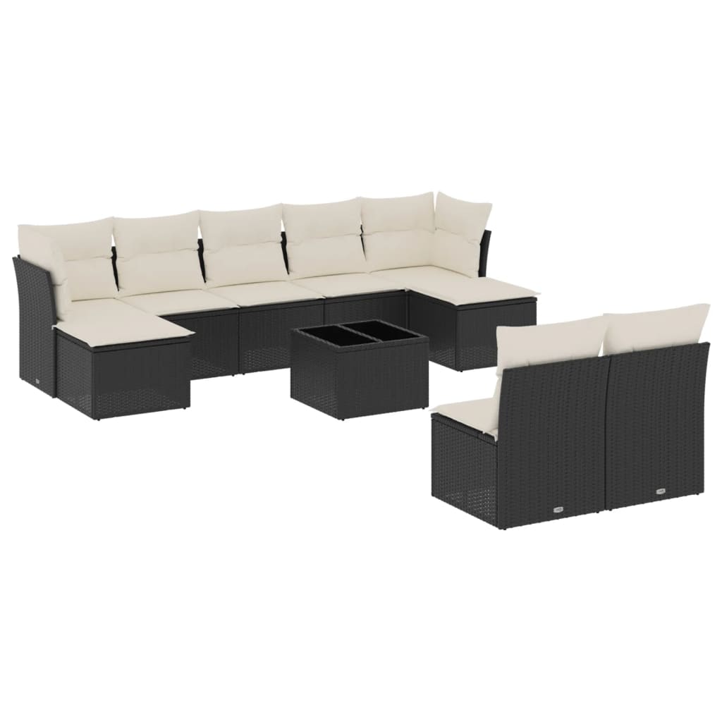 10-delige Loungeset met kussens poly rattan zwart