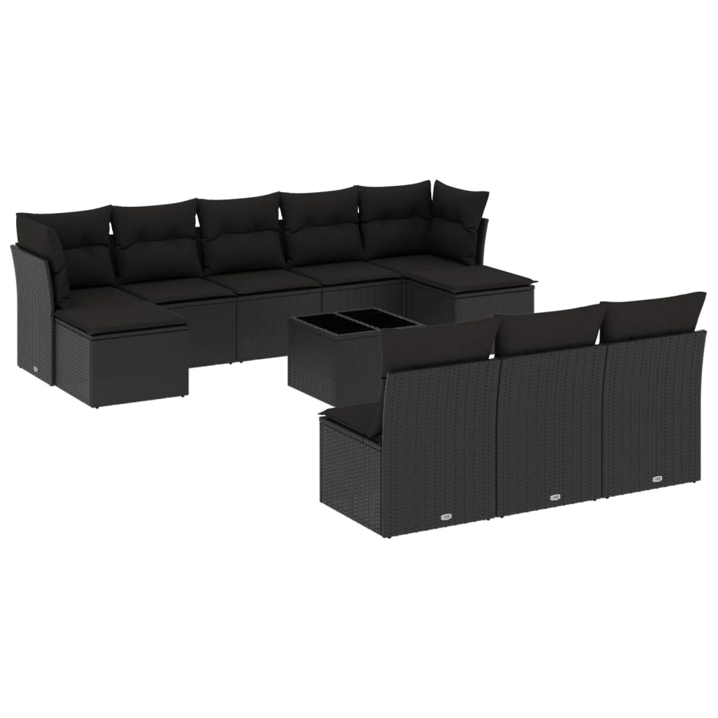 11-delige Loungeset met kussens poly rattan zwart