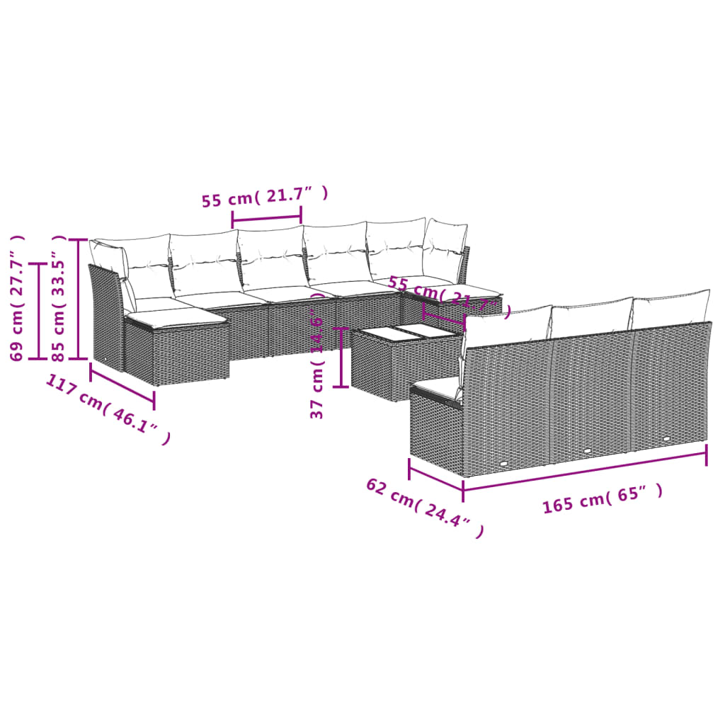 11-delige Loungeset met kussens poly rattan zwart