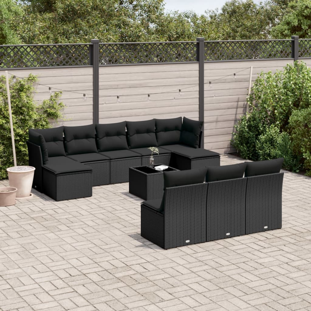 11-delige Loungeset met kussens poly rattan zwart