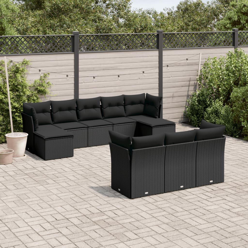 10-delige Loungeset met kussens poly rattan zwart