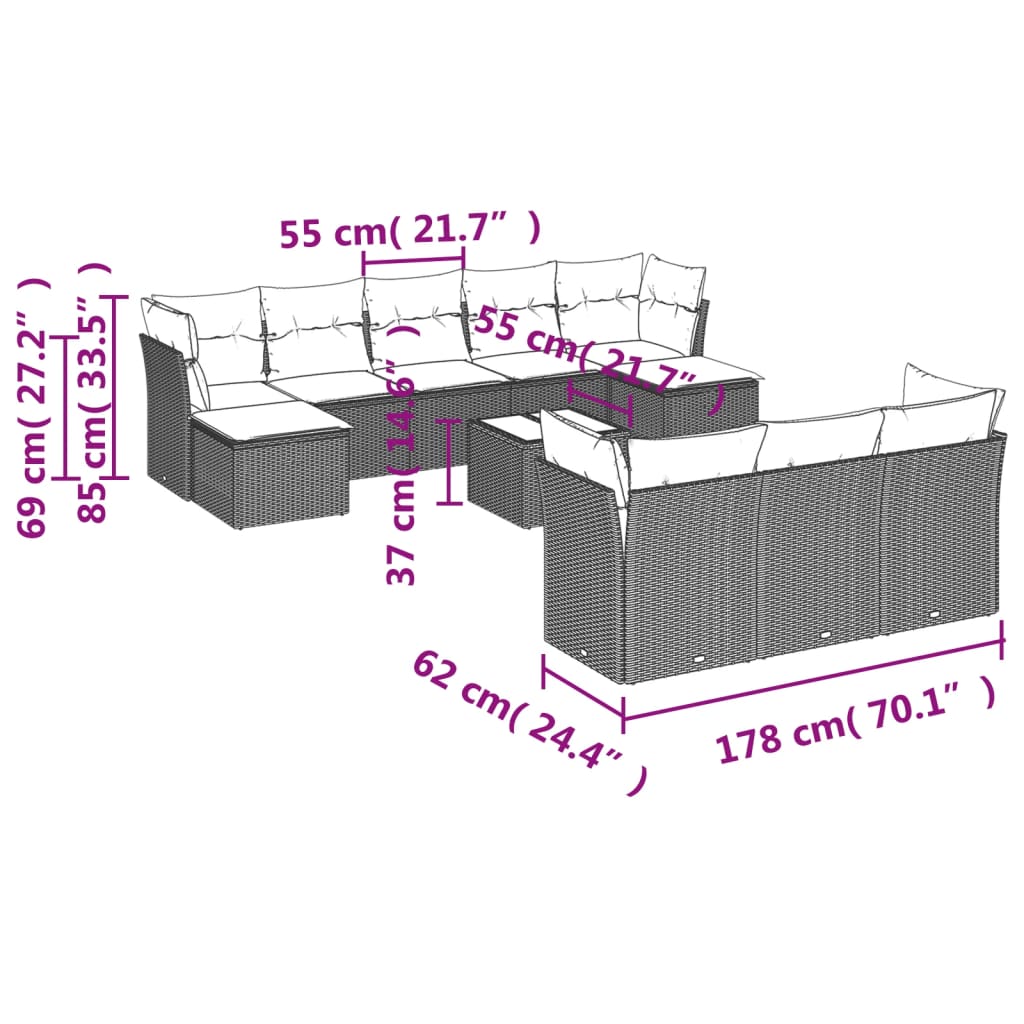 11-delige Tuinset met kussens poly rattan beige