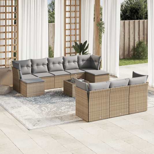 11-delige Tuinset met kussens poly rattan beige