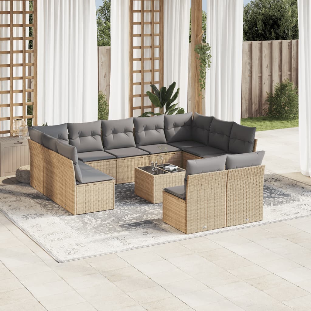 12-delige Loungeset met kussens poly rattan beige