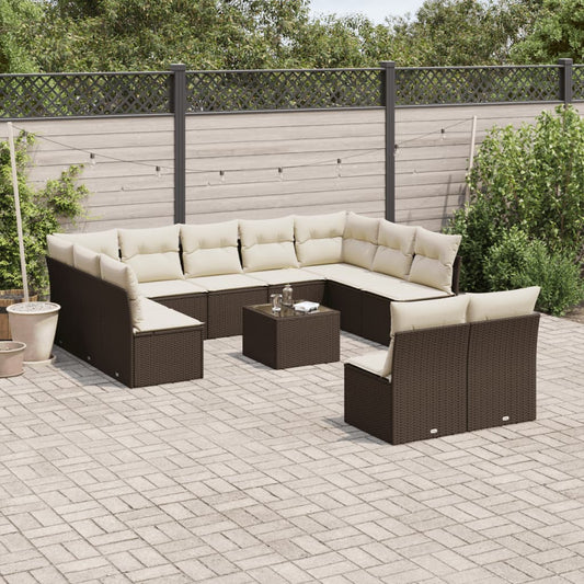 12-delige Loungeset met kussens poly rattan bruin