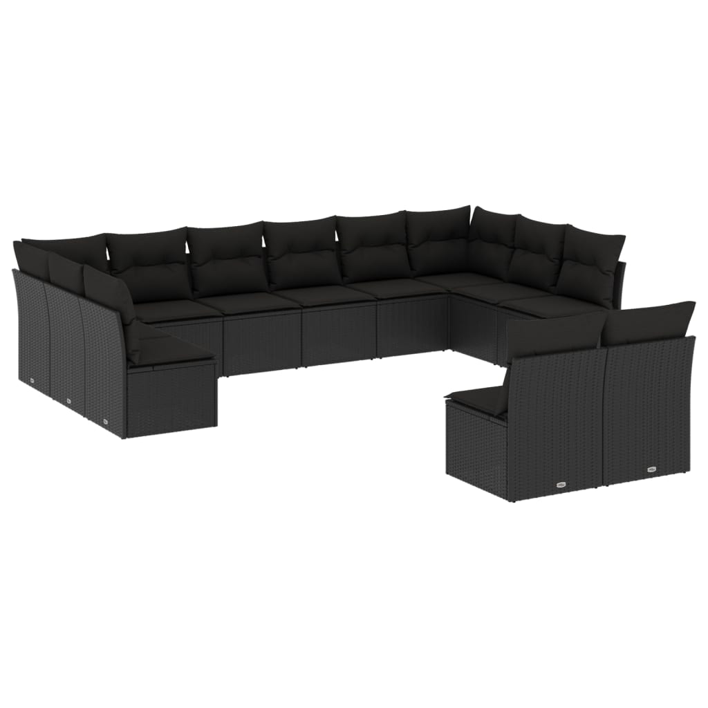 12-delige Loungeset met kussens poly rattan zwart