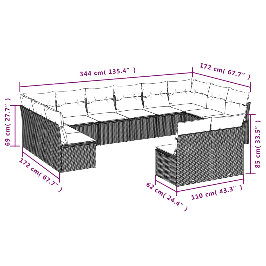 12-delige Loungeset met kussens poly rattan zwart