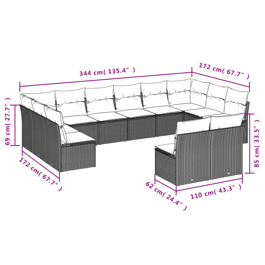 12-delige Loungeset met kussens poly rattan lichtgrijs