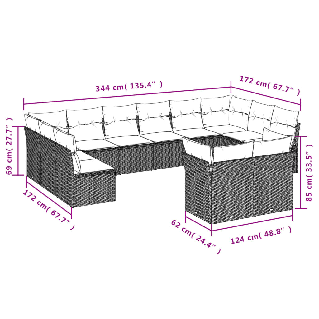 12-delige Loungeset met kussens poly rattan zwart