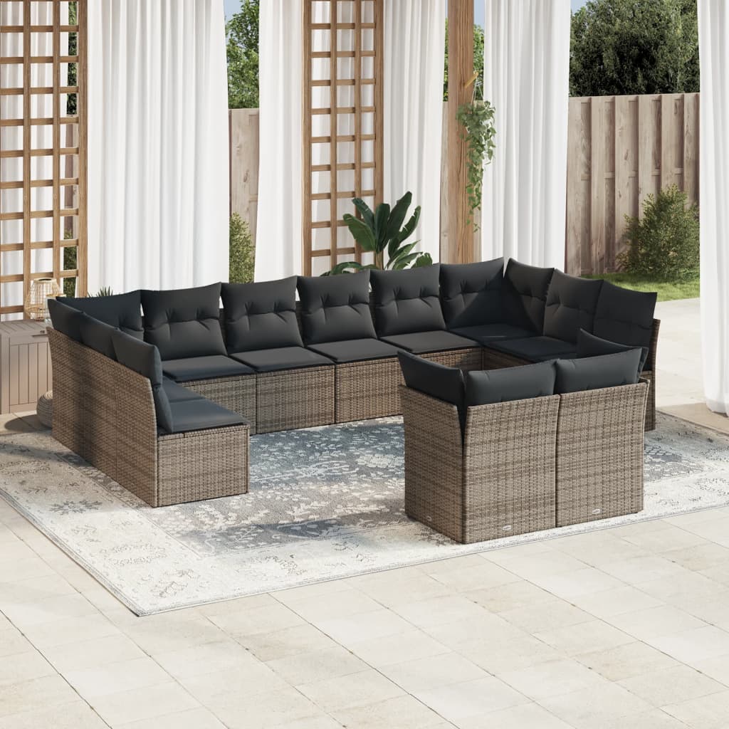 12-delige Loungeset met kussens poly rattan grijs