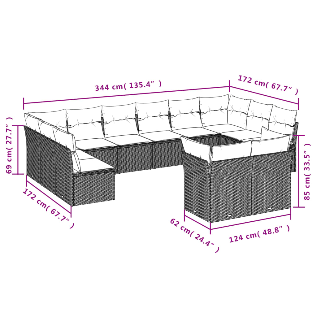 12-delige Loungeset met kussens poly rattan bruin