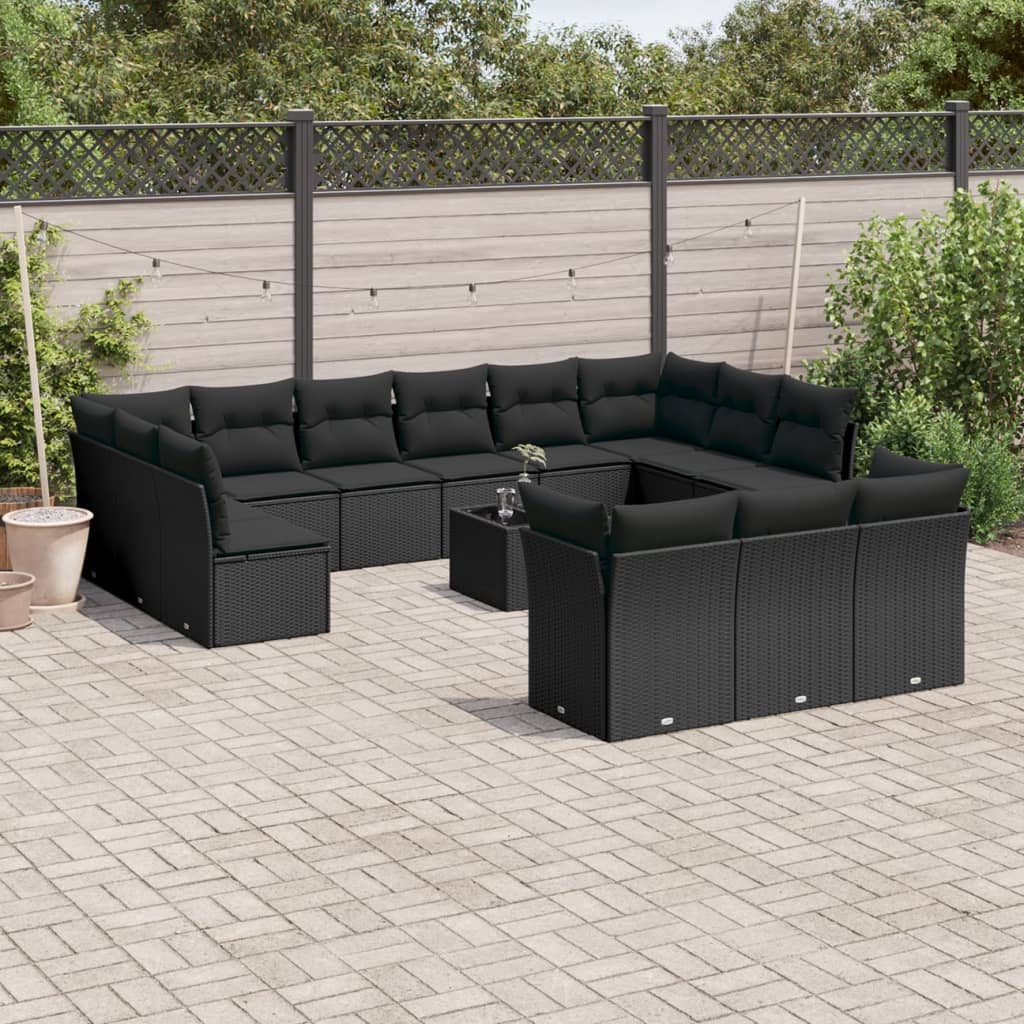 14-delige Loungeset met kussens poly rattan zwart